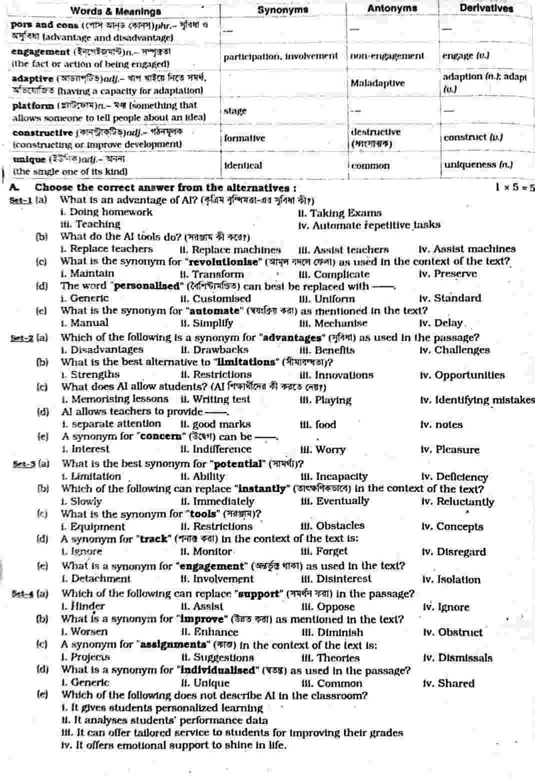 Education and Technology Part 1 HSC Passage Bangla Word Meanings